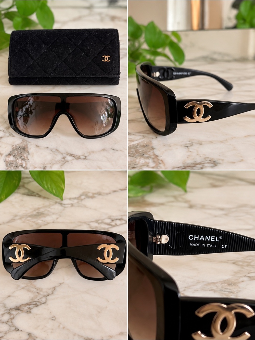 CHANEL Black Shield Sunglasses with Gold CC Logos and Brown Gradient Lenses